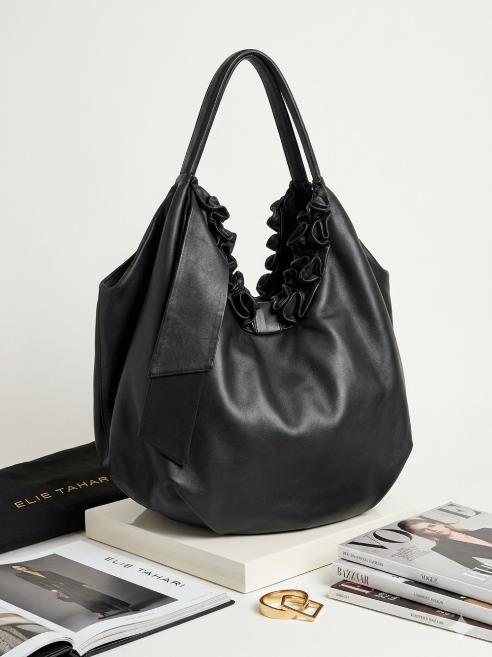 Elie Tahari Melrose Large Ruffled Hobo - Smooth Black Nappa Leather